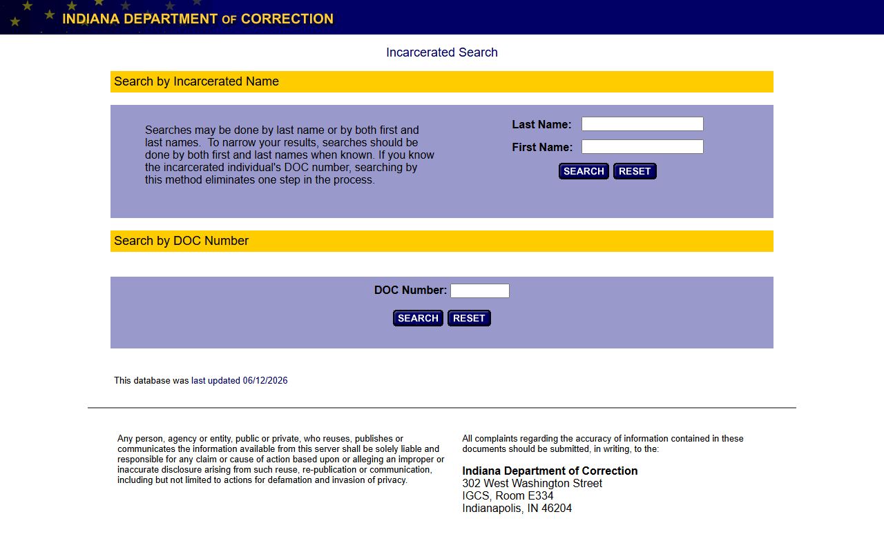 Indiana Department of Correction offender locator interface