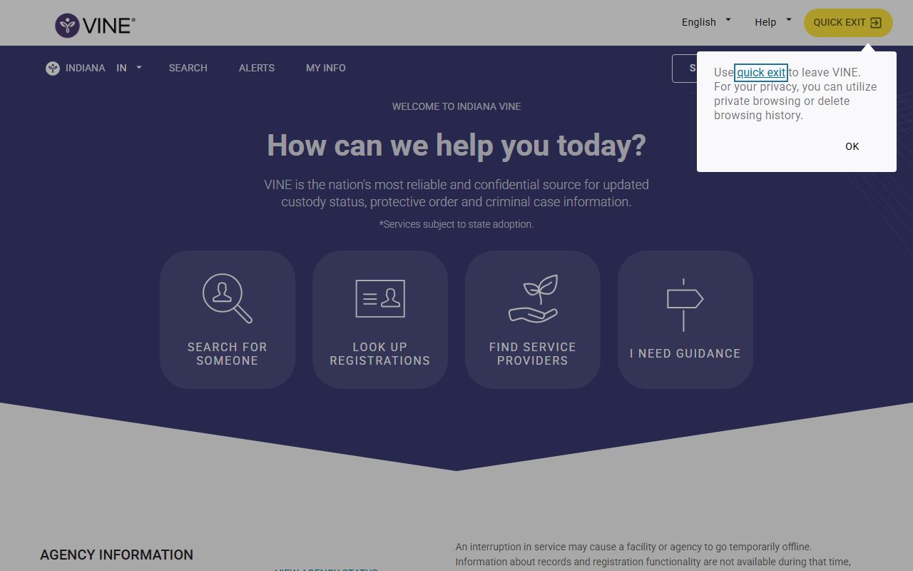 Indiana VINELink portal for custody notifications